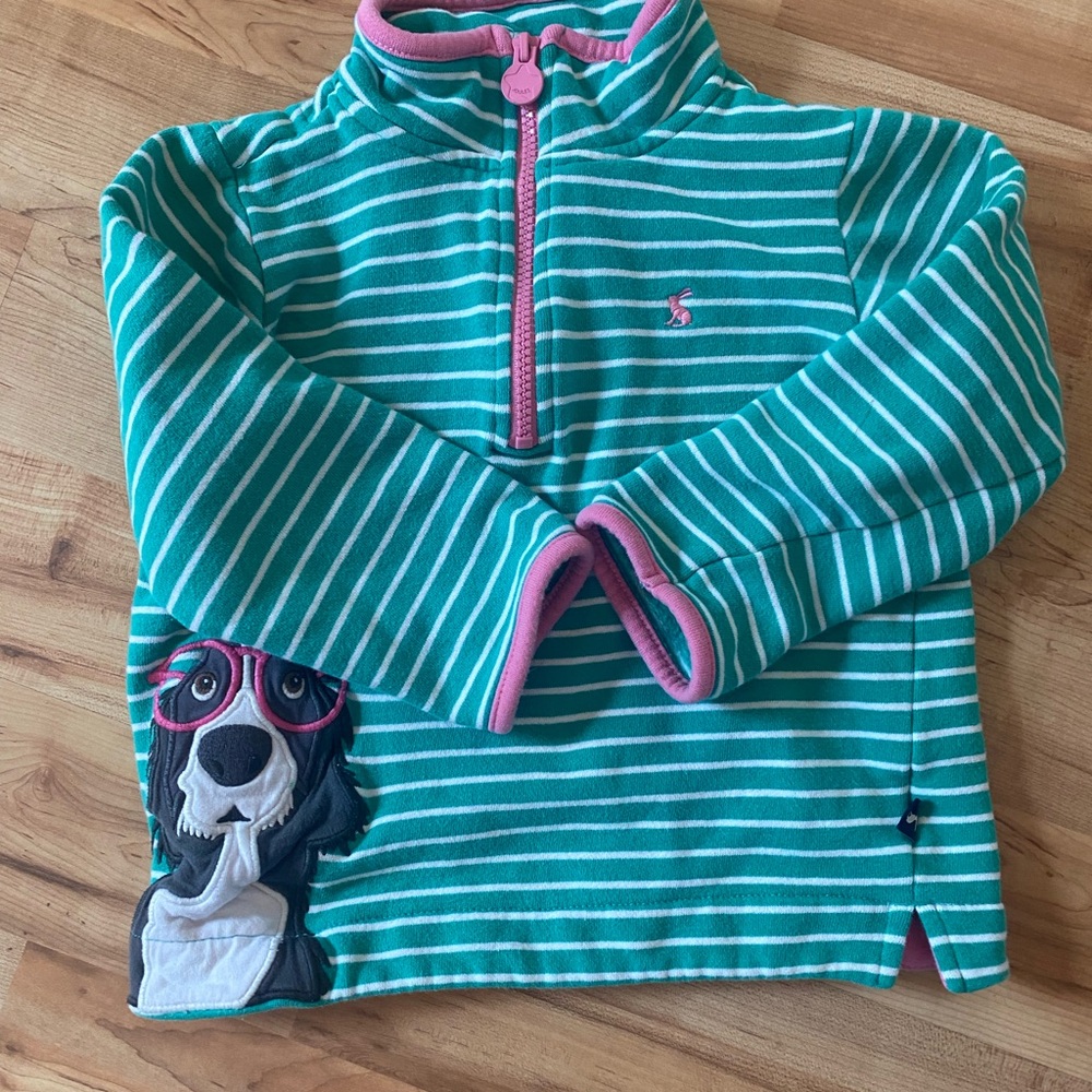 Joules Green and White Striped Top with Pink Details